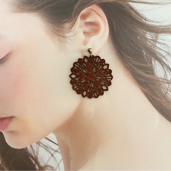 4/$15 Wood Filigree Cutout Drop Earrings - Picture 2 of 5